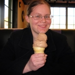 Caren with her chocolate custard single scoop cone.
